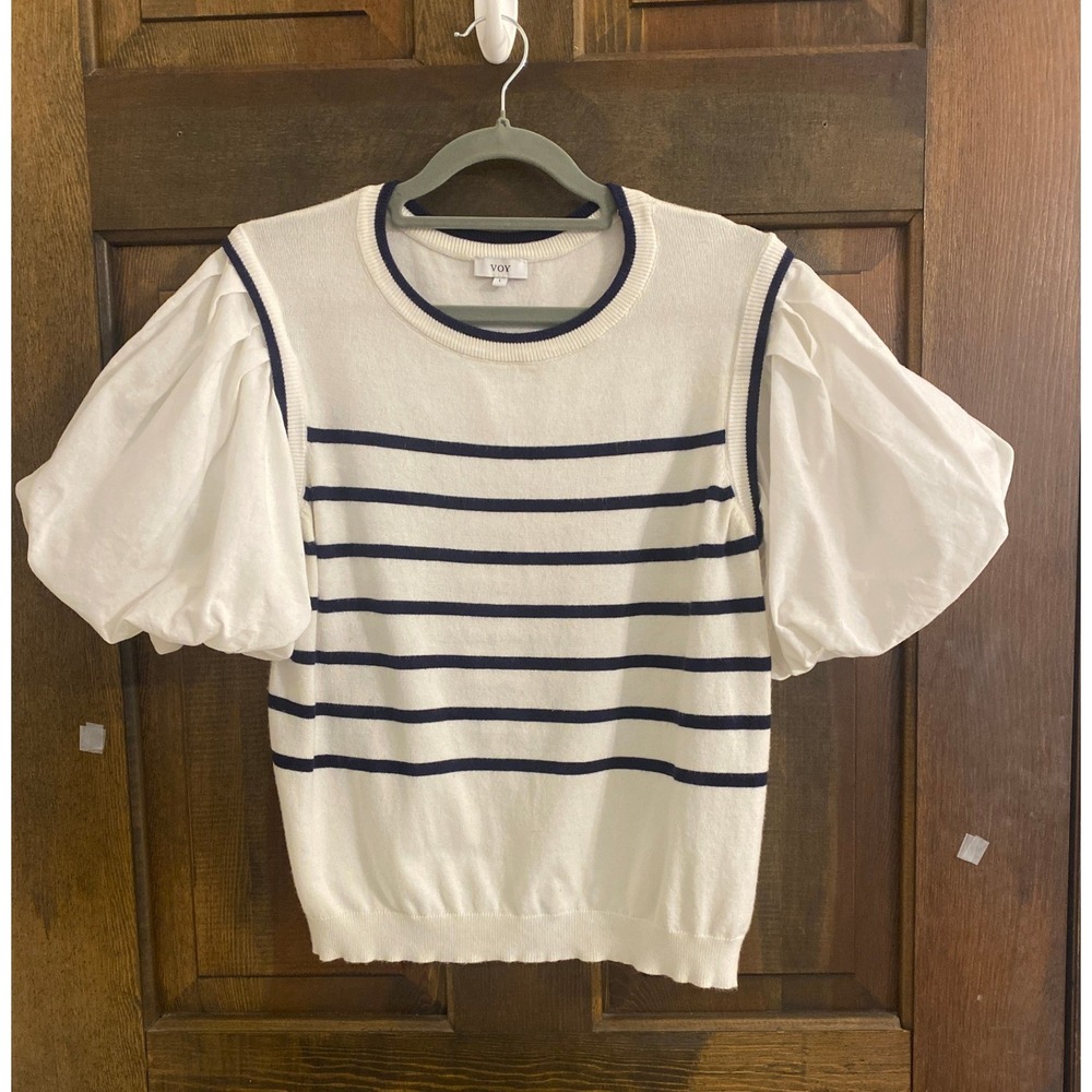 Voy Women White Black Striped Puff Sleeve Knit Sweater Top Large Mixed Media